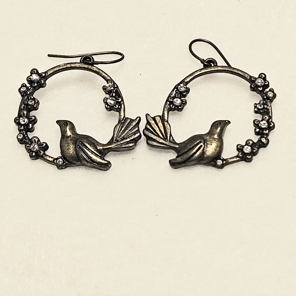 Antiqued Pewter-Tone Bird on Swing Pierced Dangle Earrings with Crystal Flowers